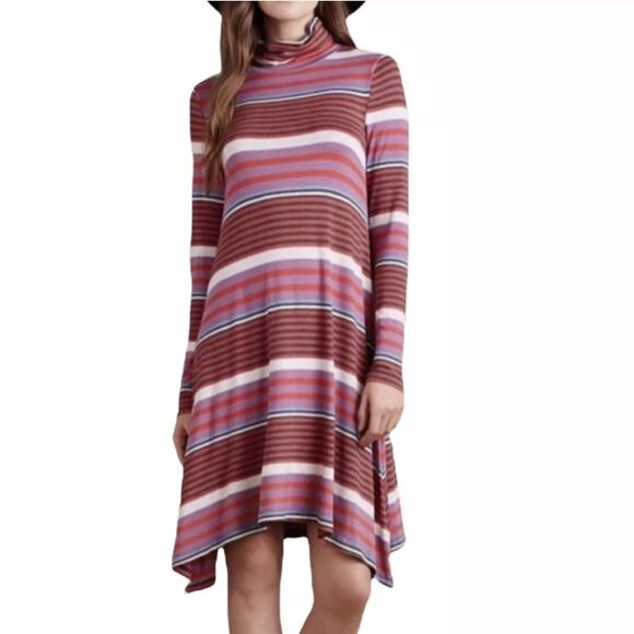 Anthropologie Maeve Swing Dress Womens M Purple Striped Turtleneck Knee Length - Picture 1 of 9